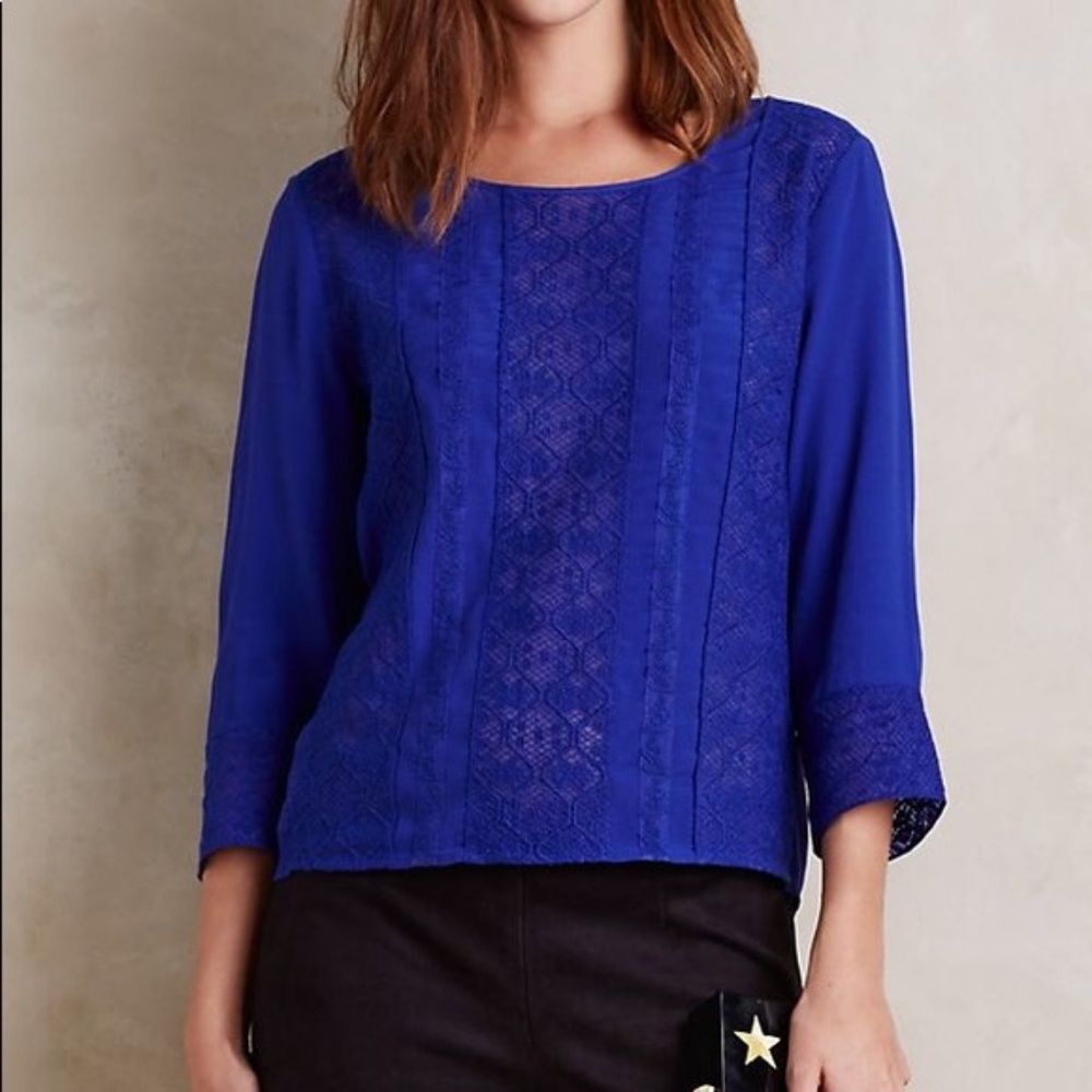 Anthropologie Blue Three Quarter Length Sleeve Top